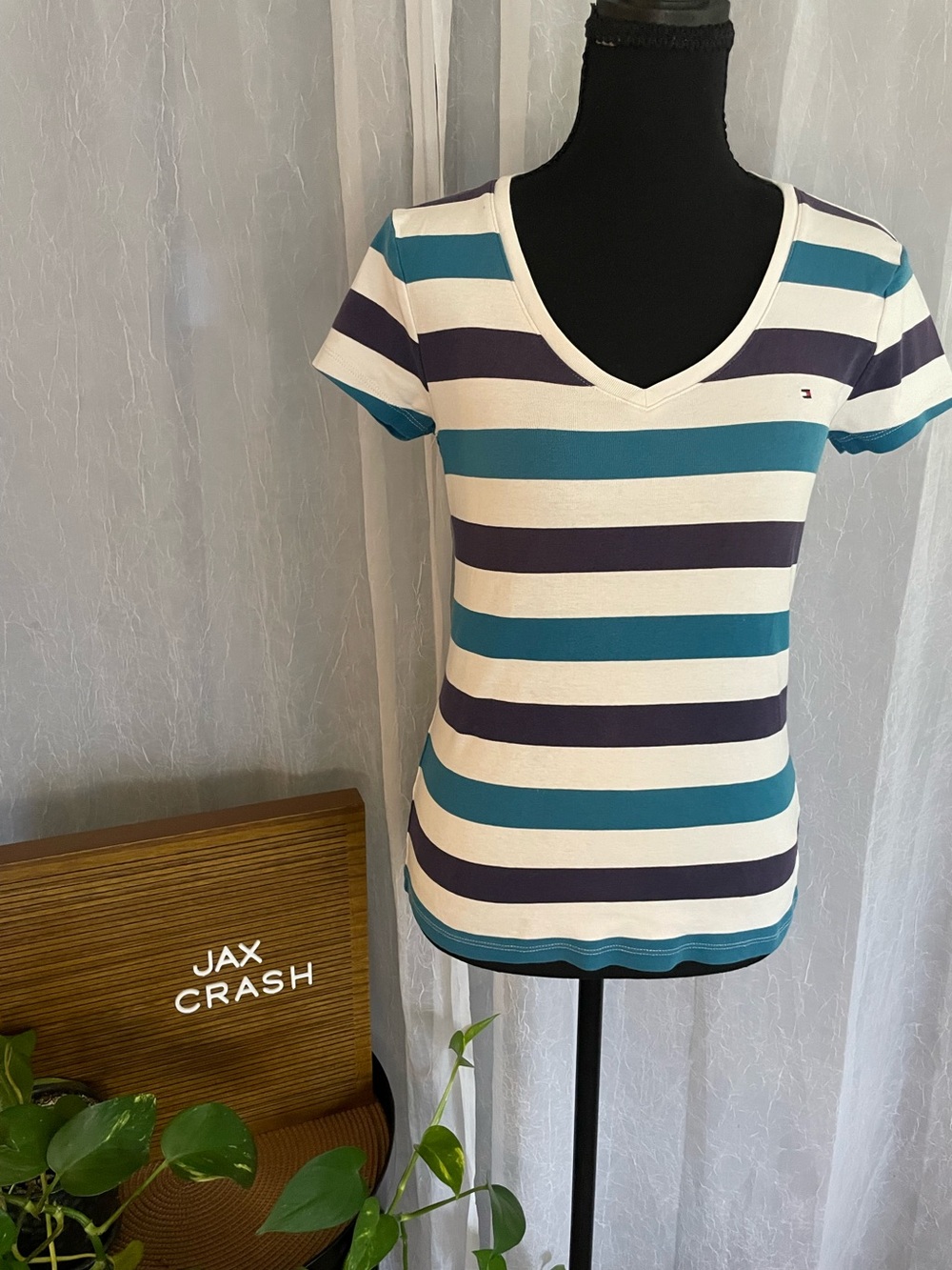 Tommy Hilfiger Teal, Navy & White Striped V-Neck Tee